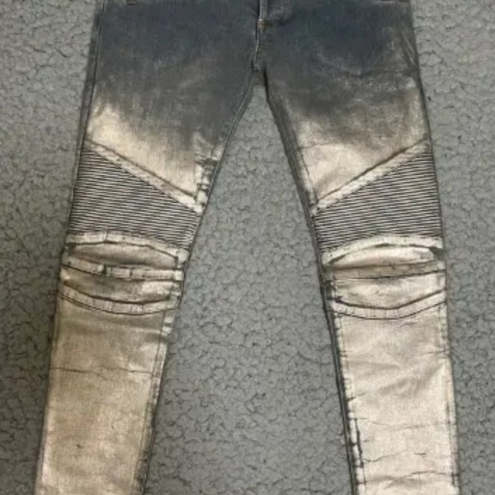 BALMAIN silver paint coated slim fit jeans size 30